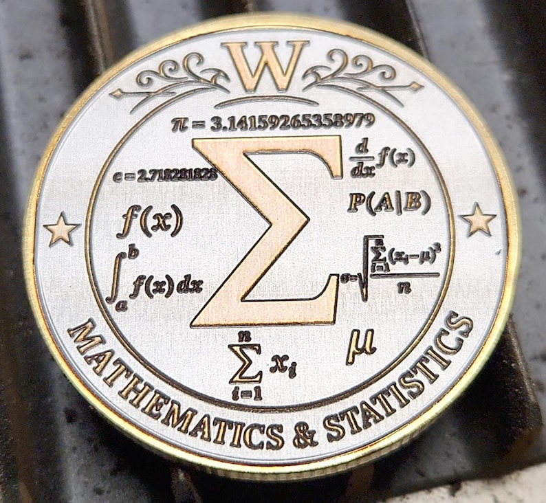 Close crop coin with Sigma symbol and mathematical formulas, fine-line engraving ideal for xTool F2 Ultra settings.
