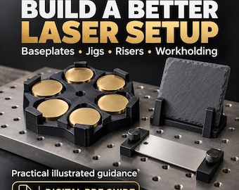 May include: A metal baseplate with a grid of threaded holes, featuring a black jig holding five circular brass discs, a black stand supporting a square slate tile, and a metal workholding clamp with two knurled knobs. Text reads RTC BUILD A BETTER LASER SETUP.