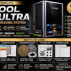 Multi-panel infographic showing calibration workflows, laser test matrix and xTool F2 Ultra settings resources.