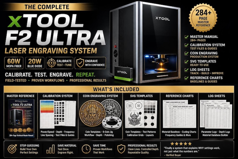 Multi-panel infographic showing calibration workflows, laser test matrix and xTool F2 Ultra settings resources.