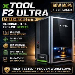 Configuración de xTool F2 Ultra, guía láser MOPA de 60 W, archivos de calibración y plantillas SVG, descarga digital.