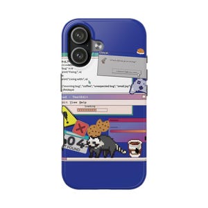 May include: A blue phone case featuring a pixelated design with a computer error theme. The design includes a warning sign, a 404 error message, a pixelated cat, cookies, and a coffee cup. Text includes "ERROR" and "404 NOT FOUND".