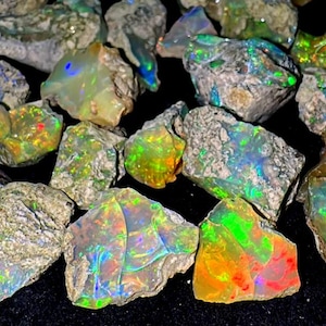 Può includere: Una collezione di pietre di opale grezze e non lucidate con forme irregolari e texture rocciose grigio-marrone. Ogni pietra mostra vivaci bagliori di colori iridescenti, tra cui verde neon brillante, arancione fuoco, blu elettrico e rosso.