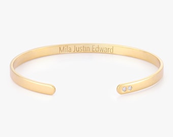 Brazalete clásico personalizado grabado, brazalete dorado personalizado grabado, pulsera de diamantes naturales, brazalete apilable delicado, regalo para ella.