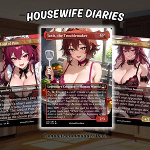 May include: Three trading cards titled Housewife Diaries featuring anime-style characters in kitchen settings. The center card is Jaxis, the Troublemaker, showing a character holding a spatula. The cards include text, game stats, and character art.