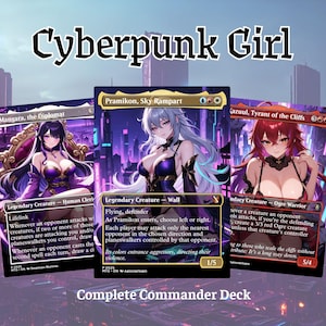 May include: Three fantasy trading cards featuring anime-style women. The cards are titled "Mangara, the Diplomat", "Pramikon, Sky Rampart", and "Kazuul, Tyrant of the Cliffs". The text "Cyberpunk Girl" and "Complete Commander Deck" are also visible.
