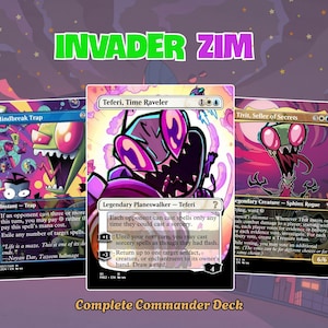 May include: Three trading cards featuring Invader Zim character art. The cards are titled Mindbreak Trap, Teferi, Time Raveler, and Tivit, Seller of Secrets. Each card displays detailed game text, mana costs, and character illustrations with pink eyes.