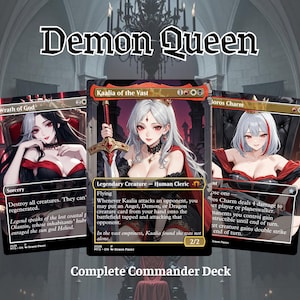 May include: A complete Commander deck featuring three Magic: The Gathering cards. The cards display anime-style illustrations of female characters with text that reads "Demon Queen," "Wrath of God," "Kaalia of the Vast," and "Boros Charm."