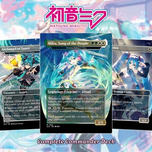 May include: Three Hatsune Miku themed trading cards featuring anime-style illustrations of the character with teal hair. The center card is titled Miku, Song of the People, a legendary creature dryad card with green and black text boxes and a 2/5 power.