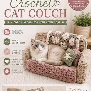 Può includere: Un modello all'uncinetto per un divano vintage per gatti. Il mini divano, di circa 52 x 34 x 28 cm, presenta un design rosa e beige con cuscini a forma di stella. Il modello include istruzioni passo passo.
