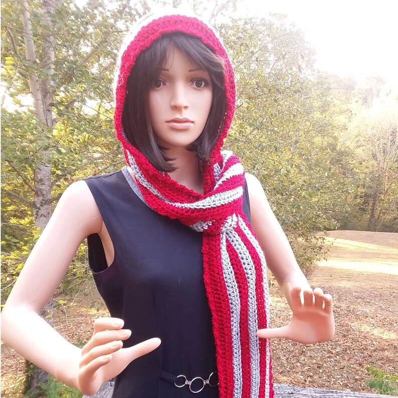 Crochet Scarf with Hood Red and Silver Gift for Her image 0