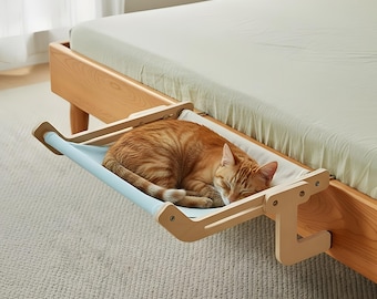 Amaca per gatti da posizionare sotto il letto: lettino con struttura in legno, cuccia salvaspazio per animali domestici.