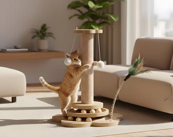 Modern Wooden Cat Scratcher Tower: Interactive Sisal Post, Playful Toys, Modern Home Decor
