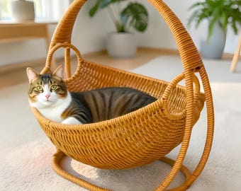 Cesta de ratán artesanal para gatos: Tumbona de mimbre estilo bohemio para mascotas, cama moderna para gatitos.