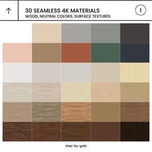 Peut inclure: Une grille de 30 matériaux 4K sans couture avec des textures de surface en bois et de couleurs neutres. Le texte "30 SEAMLESS 4K MATERIALS WOOD, NEUTRAL COLORS, SURFACE TEXTURES" est en haut, et "step-by-gabi" en bas, avec un 1 dans un cercle.
