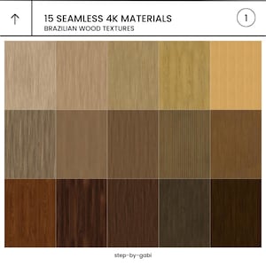 May include: A grid of fifteen seamless 4K Brazilian wood textures in various shades of brown, beige, and yellow. The image includes text that reads "15 SEAMLESS 4K MATERIALS" and "BRAZILIAN WOOD TEXTURES". The bottom of the image has the text "step-by-gabi".
