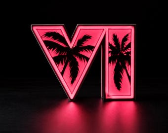 Könnte beinhalten: Ein dreidimensionaler Leuchtkasten in Form der Buchstaben V und I mit einem hellen, neonpinken Leuchten. Die Frontplatten zeigen schwarze Silhouetten von Palmen vor dem leuchtend pinken Hintergrund mit hohem Kontrast.