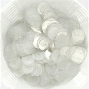 May include: A container filled with white iridescent sequins. The sequins are round and have a shiny finish.