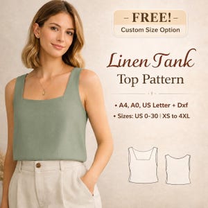 Square Neck Linen Tank Top Sewing Pattern PDF, Sleeveless Crop Top Pattern, Oversized Linen Blouse Pattern, Women XS-4XL