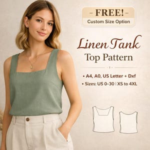 Puede incluir: Una mujer con un top de lino verde salvia y pantalones beige. La imagen incluye el texto "Linen Tank Top Pattern" y "Tallas: US 0-30 | XS to 4XL". El top tiene un escote cuadrado. También se muestran dos dibujos lineales del top.