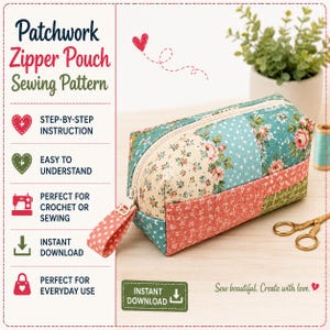 Schnittmuster für ein Patchwork-Etui mit Reißverschluss (PDF) | Nähanleitung für ein rechteckiges Federmäppchen (Anfänger) | Federmäppchen für Jelly Rolls (digitaler Download)