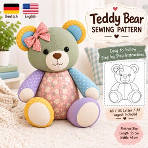 Stuffed Animal Sewing Pattern, Patchwork Blossom Teddy, Memory Bear Sewing Pattern PDF, Keepsake Plush Bear with Bow, Instant Download