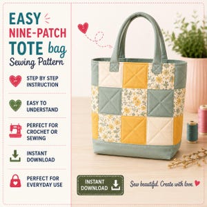 Patron PDF facile de sac fourre-tout matelassé à neuf carrés | Sac de marché patchwork pour débutants - Téléchargement numérique | Patron de sac fourre-tout à blocs de patchwork avec fond et doublure