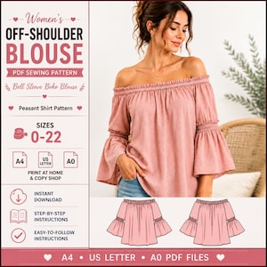 Puede incluir: Una blusa rosa polvoriento con hombros descubiertos, mangas acampanadas y detalles fruncidos. La imagen incluye el texto: Women's OFF-SHOULDER BLOUSE PDF SEWING PATTERN, Bell Sleeve Boho Blouse, Peasant Shirt Pattern, SIZES 0-22, A4, US LETTER, A0.