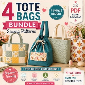 4 Tote Bag Sewing Pattern Bundle PDF | Quilted Tote, Patchwork Bag, Handmade Purse Pattern | Beginner Friendly Instant Download