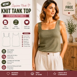Patrón de costura en PDF para top de lino sin mangas con escote cuadrado, patrón de top corto sin mangas, patrón de blusa de lino extragrande, tallas para mujer XS-4XL