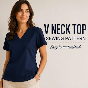 Può includere: Un top blu navy a maniche corte con scollo a V. Il testo sulla destra recita V NECK TOP SEWING PATTERN e Easy to understand. Il capo è di un colore blu scuro tinta unita con un design semplice, pulito e maniche corte.