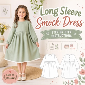 Könnte beinhalten: Ein junges Mädchen trägt ein salbeigrünes Smockkleid mit langen Ärmeln und weißer Spitzenborte. Das Bild enthält den Text "Long Sleeve Smock Dress" und "Easy to Follow!" sowie Schnittmusteranweisungen.