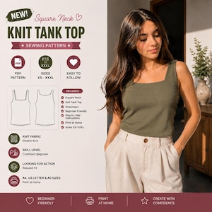May include: A digital sewing pattern for a square neck knit tank top. The graphic includes text details, size range XS to XXXL, and a line drawing of the sleeveless garment. The pattern is for stretch knit fabric and includes A4, US letter, and A0 sizes.