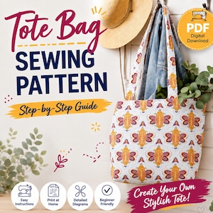 May include: A digital sewing pattern for a tote bag featuring a white fabric with a repeating orange and maroon floral-like pattern. The text reads Tote Bag SEWING PATTERN Step-by-Step Guide, Create Your Own Stylish Tote!, and PDF Digital Download.