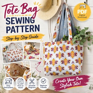 May include: A white tote bag with a colorful pattern of orange and purple shapes is displayed. The image also shows a sewing pattern for the tote bag, with the text "Tote Bag Sewing Pattern Step-by-Step Guide."