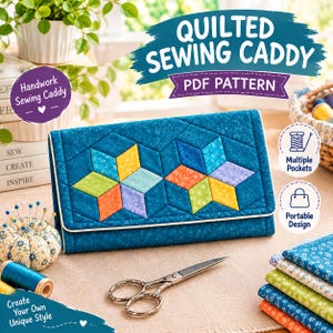 May include: A rectangular quilted sewing caddy featuring a blue fabric base with two large star-shaped patchwork designs in yellow, green, orange, and purple. The text reads Quilted Sewing Caddy PDF Pattern, Handwork Sewing Caddy, Multiple Pockets, Portable Design, and Create Your Own Unique Style.