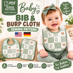 Op de afbeelding: Een digitaal naaipatroon voor een slabbetje en spuugdoekje voor baby's met een groen-wit patchworkontwerp van ruitjes en stippen, voorzien van kleine illustraties van beren en blaadjes. Het patroon bevat instructies voor meerdere maten.