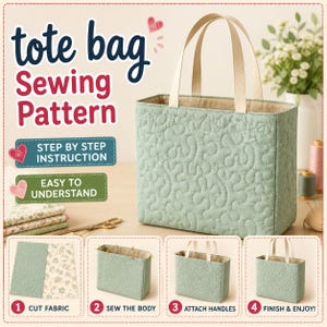 May include: A mint green tote bag sewing pattern with cream-colored handles. The bag features a quilted design and is shown in various stages of construction, including cutting fabric, sewing the body, attaching handles, and finishing. Text includes "tote bag Sewing Pattern".