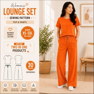 May include: A sewing pattern for a lounge set featuring a short-sleeved top and wide-leg pants with a drawstring waist. The text includes "LOUNGE SET SEWING PATTERN", "SIZES XS-5XL INCLUDED", "BEGINNER FRIENDLY PATTERN", and "TWO IN ONE PRODUCTS".