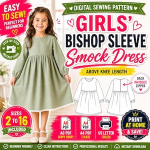 Girls Long Sleeve Smock Dress Sewing Pattern | Sizes 2-16 | Easy Kids Dress PDF Digital Download | Toddler & Teen Smock Pattern