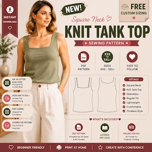 Square Neck Linen Tank Top Sewing Pattern PDF, Sleeveless Crop Top Pattern, Oversized Linen Blouse Pattern, Women XS-4XL