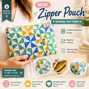 Quilted Zipper Pouch PDF Pattern | Pinwheel Patchwork Bag Tutorial | Beginner Sewing & Quilting Project | DIY Cosmetic Makeup Bag Pattern