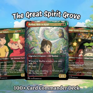 May include: A 100+ card Commander deck featuring three custom Magic: The Gathering cards titled Kogla and Yidaro, Radha, Heir to Keld, and Hugs, Grisly Guardian, all decorated with anime-style illustrations and the text The Great Spirit Grove.