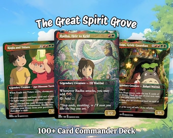 May include: A 100+ card Commander deck featuring three custom Magic: The Gathering cards titled Kogla and Yidaro, Radha, Heir to Keld, and Hugs, Grisly Guardian, all decorated with anime-style illustrations and the text The Great Spirit Grove.
