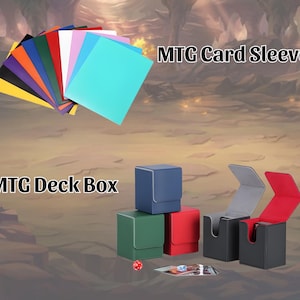 May include: A collection of MTG card sleeves in various colors, including blue, green, and yellow, fanned out at the top. Below are several MTG deck boxes in blue, red, green, and black. The text "MTG Card Sleeves" and "MTG Deck Box" are displayed.
