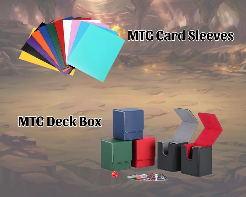 May include: A collection of MTG card sleeves in various colors, including blue, green, and yellow, fanned out at the top. Below are several MTG deck boxes in blue, red, green, and black. The text "MTG Card Sleeves" and "MTG Deck Box" are displayed.