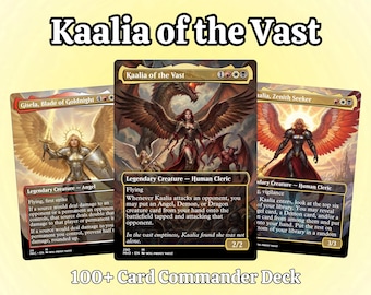 May include: Three Magic: The Gathering cards featuring Kaalia of the Vast, Gisela, Blade of Goldnight, and Kaalia, Zenith Seeker. The cards have fantasy art of angels, demons, and a dragon. The text "Kaalia of the Vast" is at the top. The text "100+ Card Commander Deck" is at the bottom.