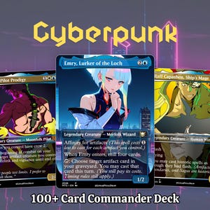 May include: A 100+ card commander deck featuring three trading cards with anime-style illustrations. The cards display the text Cyberpunk, Kotori, Pilot Prodigy, Emry, Lurker of the Loch, and Raff Capashen, Ship's Mage against a dark, neon-lit background.