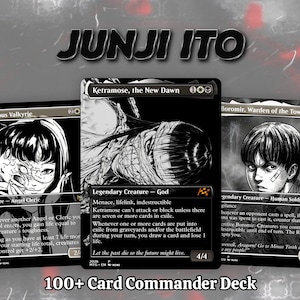 May include: Three black and white trading cards featuring Junji Ito style illustrations. The cards are titled Righteous Valkyrie, Ketramose, the New Dawn, and Boromir, Warden of the Tower. The text 100+ Card Commander Deck is displayed below.