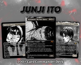 May include: Three black and white trading cards featuring Junji Ito style illustrations. The cards are titled Righteous Valkyrie, Ketramose, the New Dawn, and Boromir, Warden of the Tower. The text 100+ Card Commander Deck is displayed below.